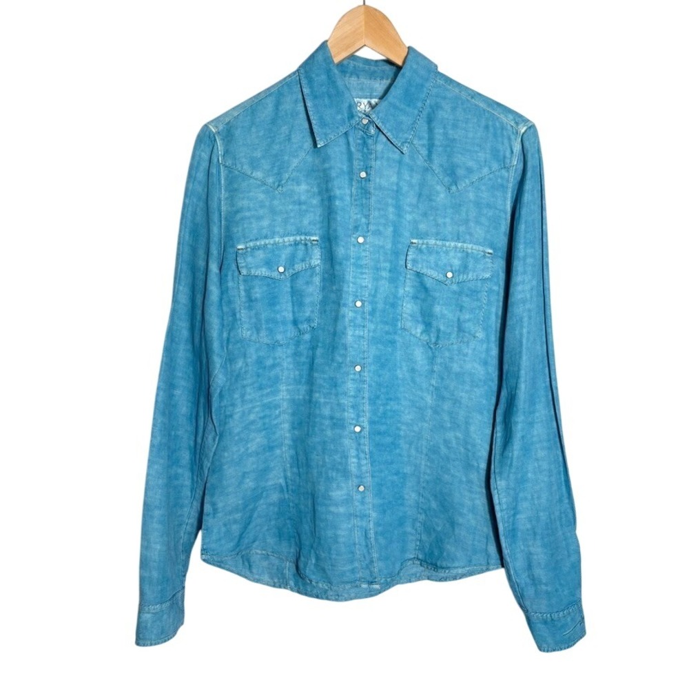 VTG RYAN Michael Blue Silk Linen Western Revival Pearl Snap Button‎ Shirt Size S